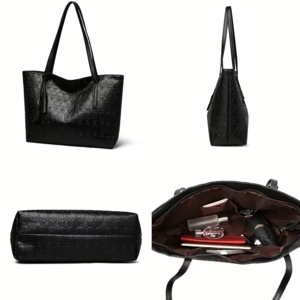 Women's PU Leather Skull Gothic Style Tasse Large Capacity Tote Shoulder Purse - Picture 5 of 10